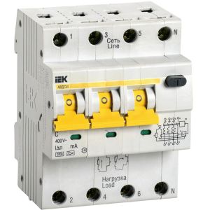 Выключатель автоматический дифференциального тока 4п (3P+N) C 10А 30мА тип A 6кА АВДТ-34 IEK